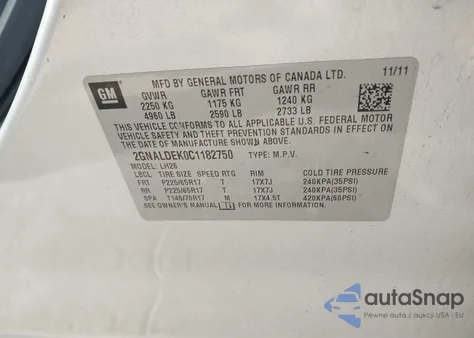 2012 Chevrolet Equinox 1Lt z USA, uszkodzony, nr VIN 2GNALDEK0C1182750